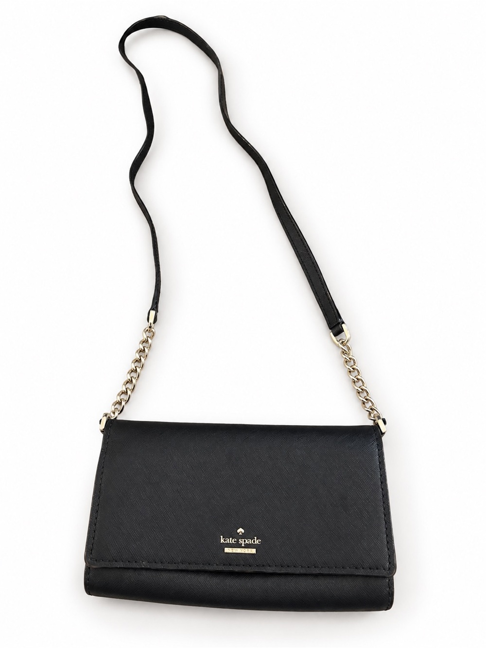 kate spade black Saffiano leather crossbody card case with gold hardware